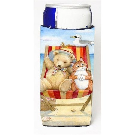 CAROLINES TREASURES Carolines Treasures CDCO0336MUK Summer Teddy Bear & Cat on Beach Michelob Ultra Can coolers for Slim Cans CDCO0336MUK